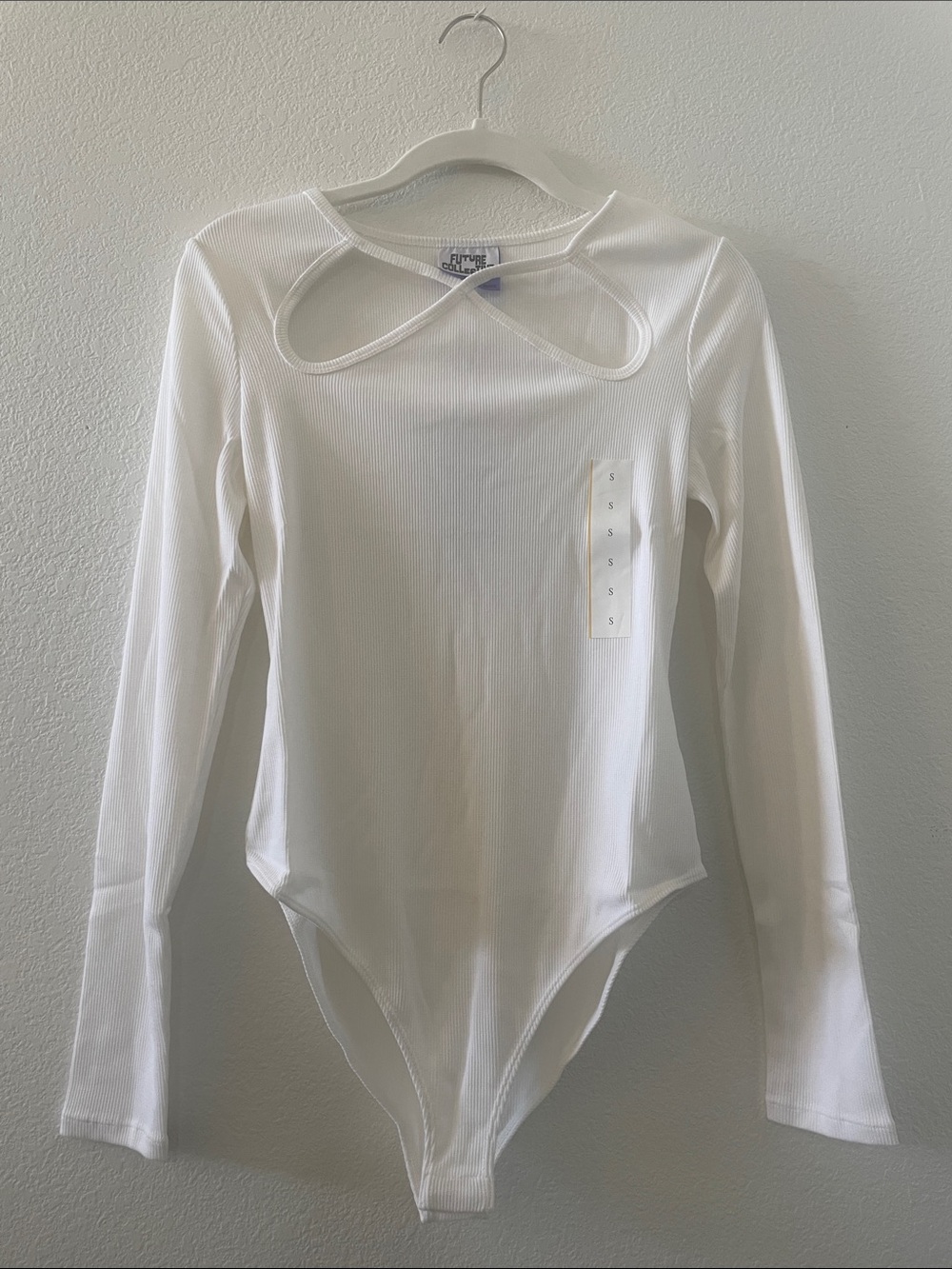 Future Collective Women’s White Ribbed Cut Out Neck Long Sleeve Bodysuit